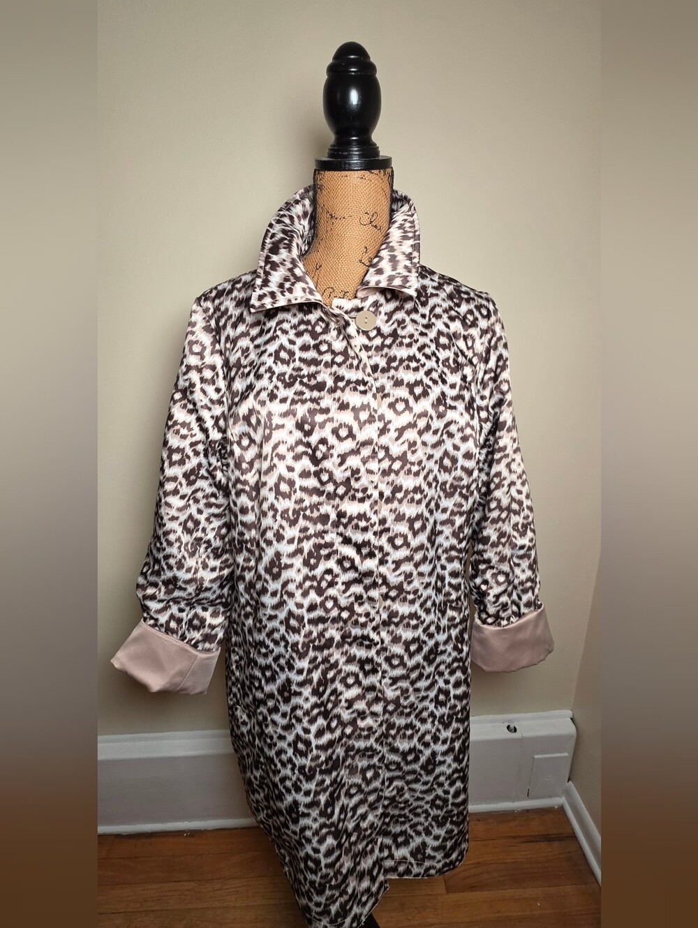 dennis basso Light Pink Satin Trench Coat with Leopard Cuffs